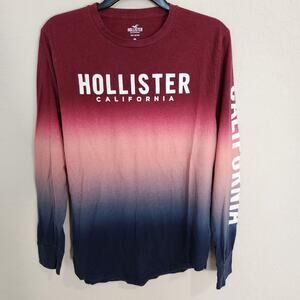 Hollister Ombre Dip Dye Red White Blue Oversized 100% Cotton Long Sleeve Tee - M